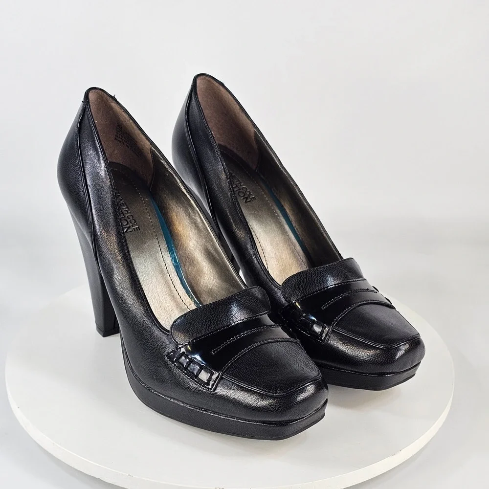 Kenneth Cole Reaction Proper Stir Black Leather Platform Loafer Heels A406505 9M